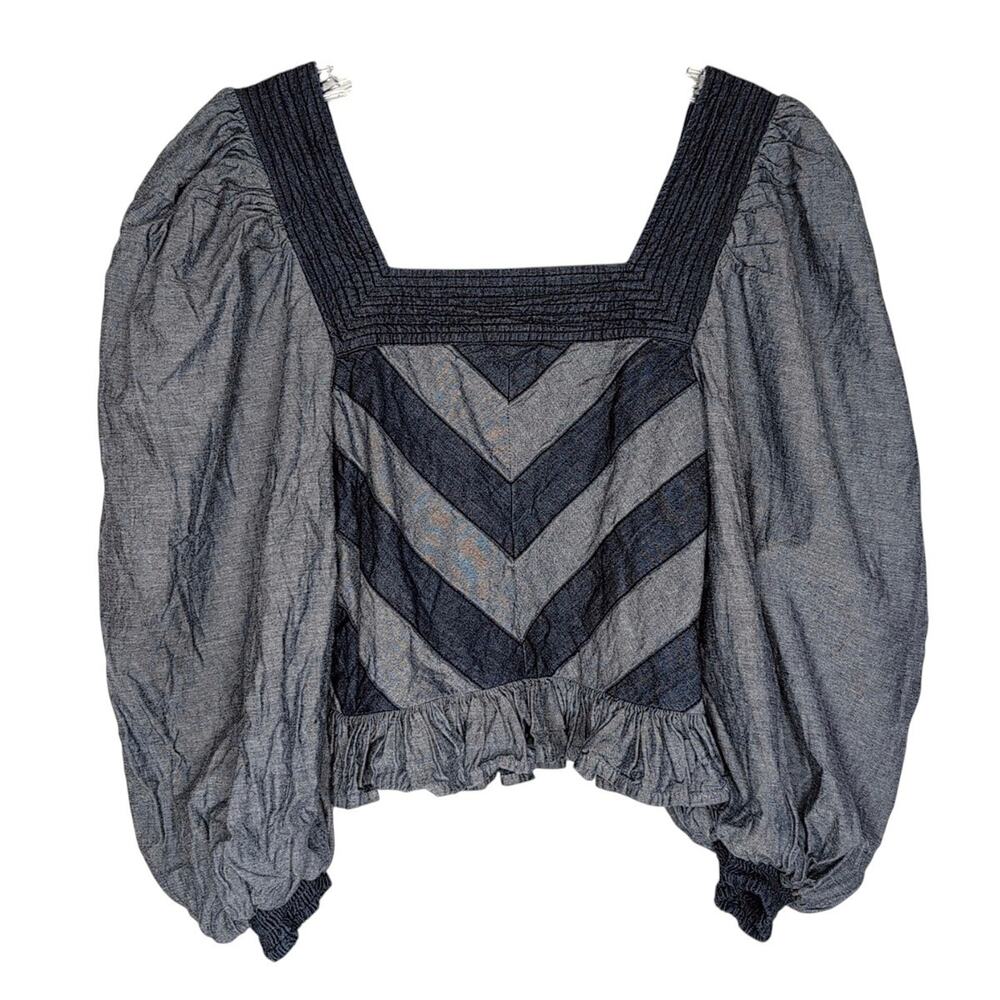 Anthropologie Love the Label Smocked Puff-Sleeve Blouse in Blue Denim Size XS